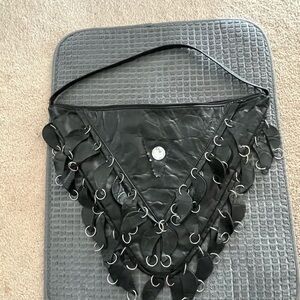 80s Vintage Punk Goth Black Leather Triangle Shoulder Bag with Metal Rings